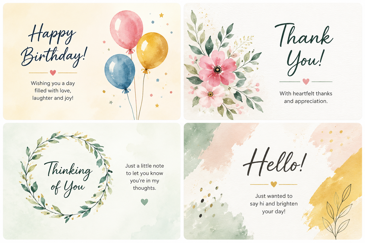 Set of four greeting cards with different messages and designs.